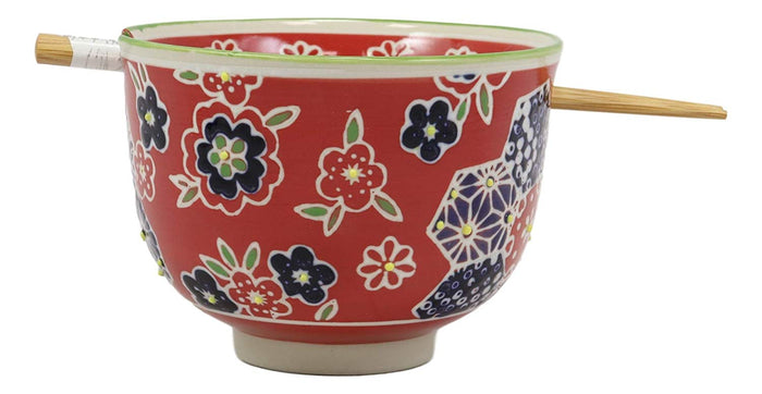 Ebros Gift Red Floral Frost Flakes Pasta Ramen Noodles Soup Rice Bowl With Chopsticks Set