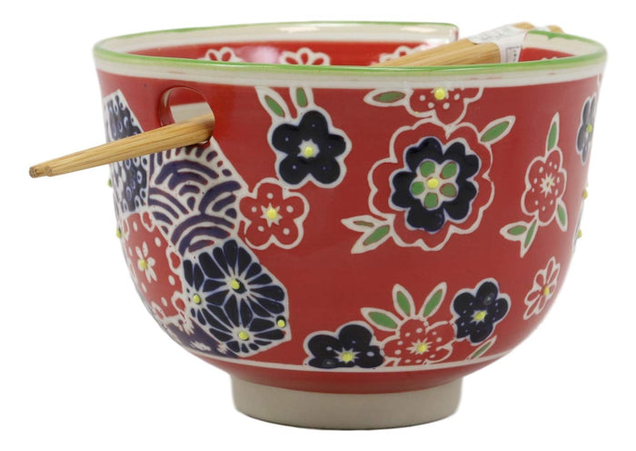 Ebros Gift Red Floral Frost Flakes Pasta Ramen Noodles Soup Rice Bowl With Chopsticks Set