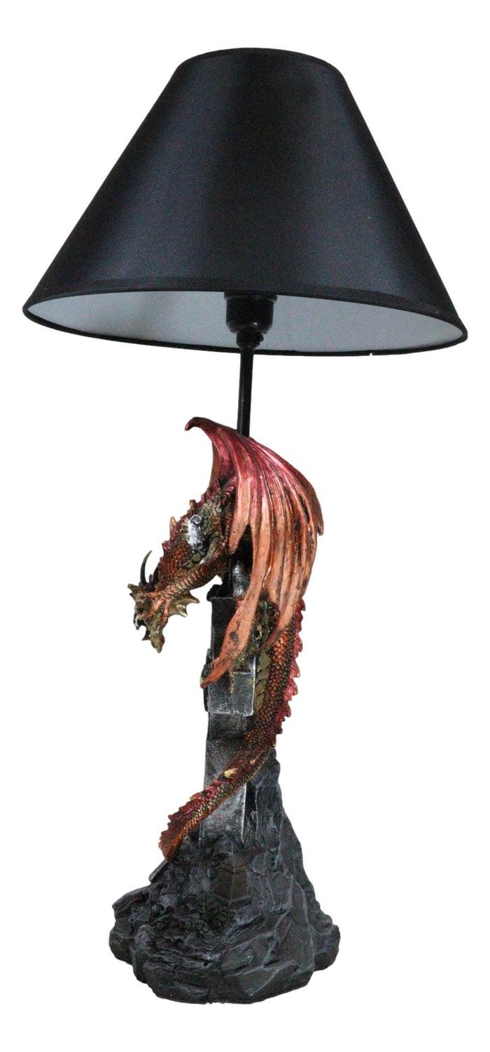 Ebros Gift Red Gold Armored Dragon On Celtic Knotwork High Cross With Crystal Table Lamp