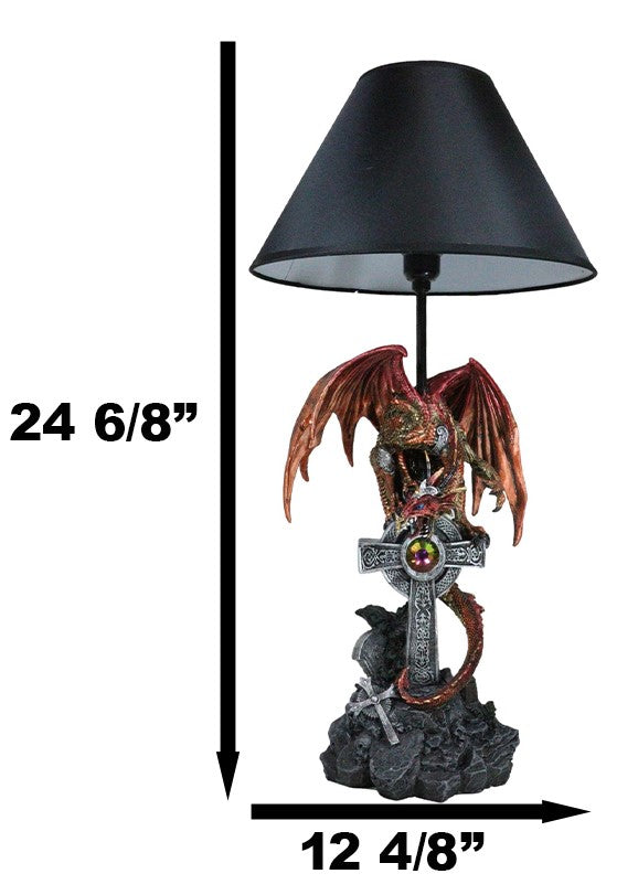 Ebros Gift Red Gold Armored Dragon On Celtic Knotwork High Cross With Crystal Table Lamp