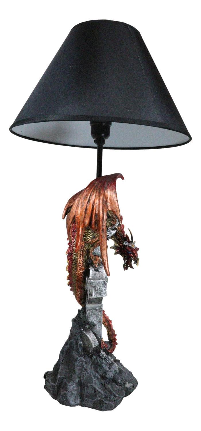 Ebros Gift Red Gold Armored Dragon On Celtic Knotwork High Cross With Crystal Table Lamp