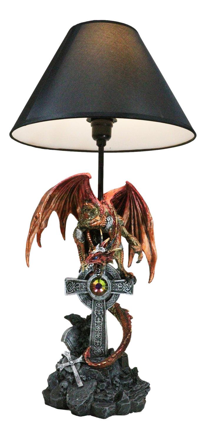 ebros gift Red Gold Armored Dragon On Celtic Knotwork High Cross With Crystal Table Lamp