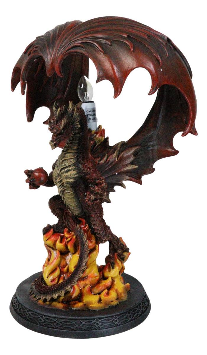 Ebros Gift Red Hell Fire Flame Volcano Dragon Table Lamp With Towering Canopy Wings Statue