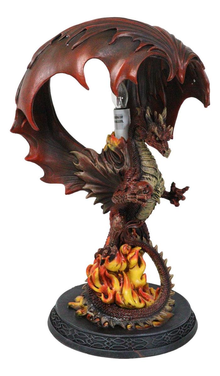 Ebros Gift Red Hell Fire Flame Volcano Dragon Table Lamp With Towering Canopy Wings Statue