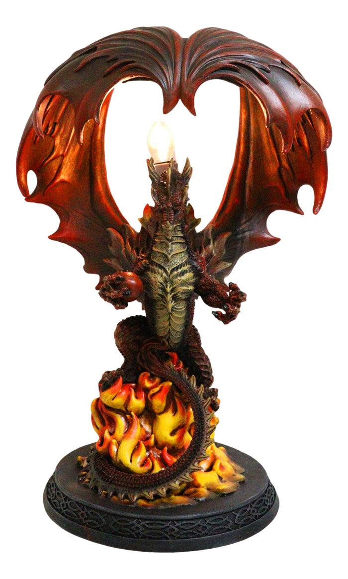 ebros gift Red Hell Fire Flame Volcano Dragon Table Lamp With Towering Canopy Wings Statue