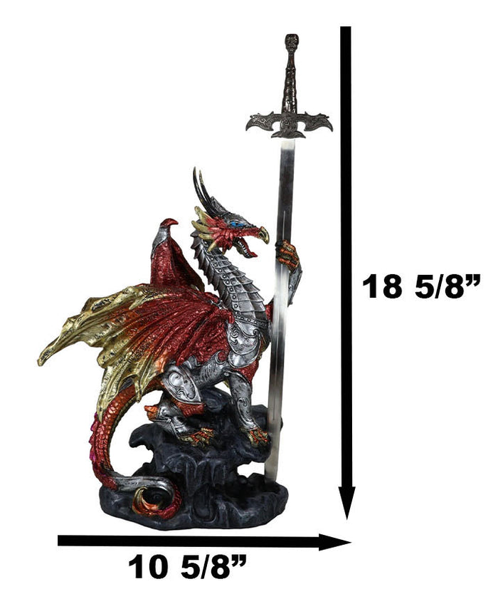 Ebros Gift Red King's Knight Armored Dragon With Gothic Skull Sword Letter Opener Figurine