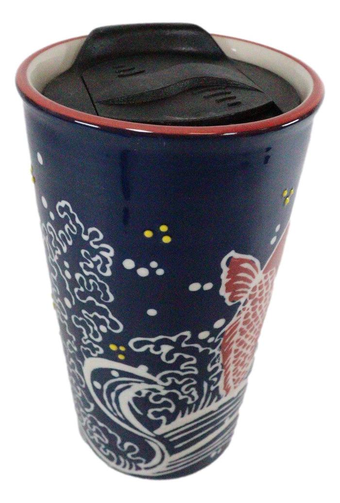 Ebros Gift Red Koi Fish In River Waters Ceramic Travel Mug Cup 12oz With Lid Hot Or Cold