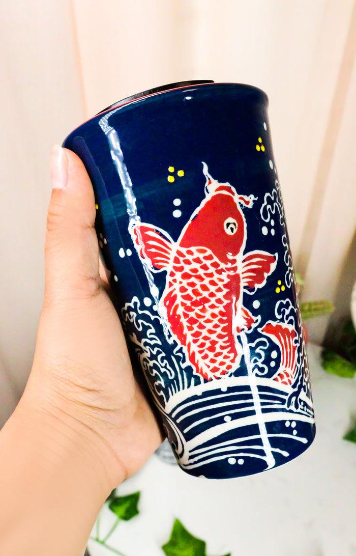 Ebros Gift Red Koi Fish In River Waters Ceramic Travel Mug Cup 12oz With Lid Hot Or Cold