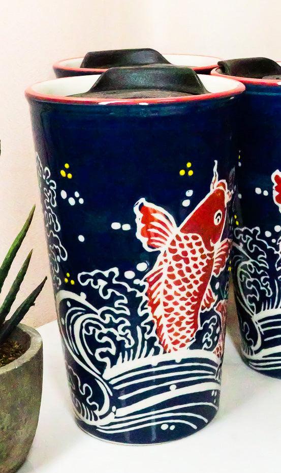 ebros gift Red Koi Fish In River Waters Ceramic Travel Mug Cup 12oz With Lid Hot Or Cold