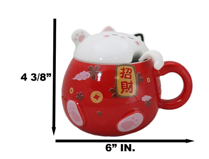 Ebros Gift Red Maneki Neko Beckoning Lucky Cat Mug Cup With Kitty Lid And Stirring Spoon