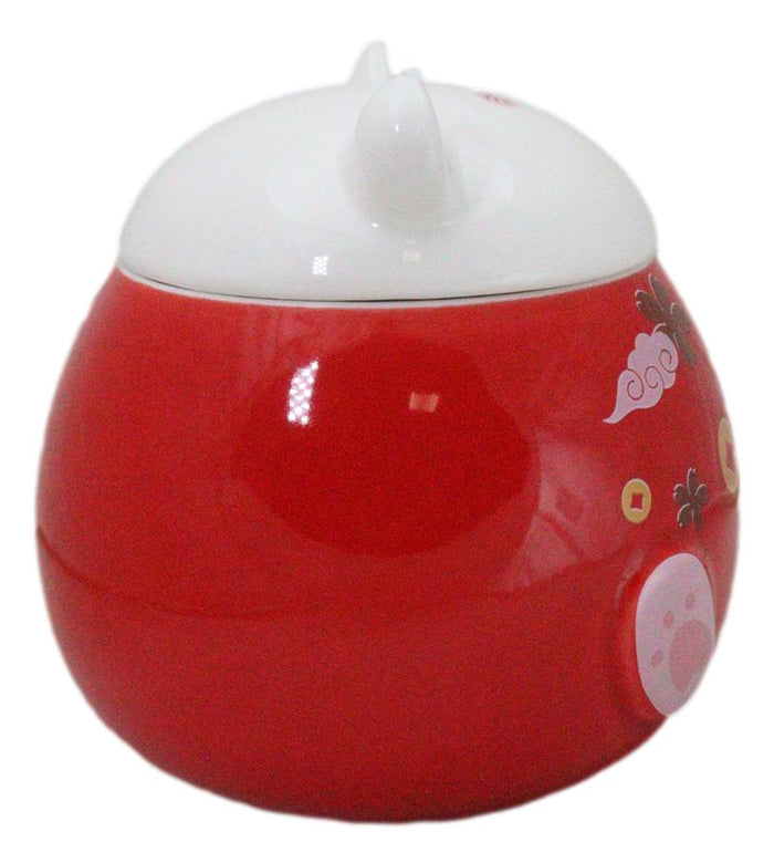 Ebros Gift Red Maneki Neko Beckoning Lucky Cat Mug Cup With Kitty Lid And Stirring Spoon