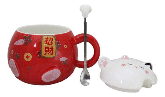 Ebros Gift Red Maneki Neko Beckoning Lucky Cat Mug Cup With Kitty Lid And Stirring Spoon