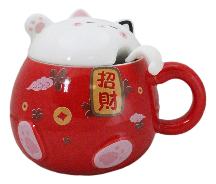 ebros gift Red Maneki Neko Beckoning Lucky Cat Mug Cup With Kitty Lid And Stirring Spoon
