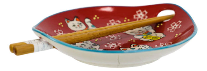 Ebros Gift Red Maneki Neko Lucky Cats Appetizer Coupe Plate Flat Bowl With Chopsticks Set