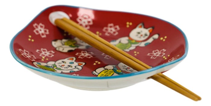 Ebros Gift Red Maneki Neko Lucky Cats Appetizer Coupe Plate Flat Bowl With Chopsticks Set