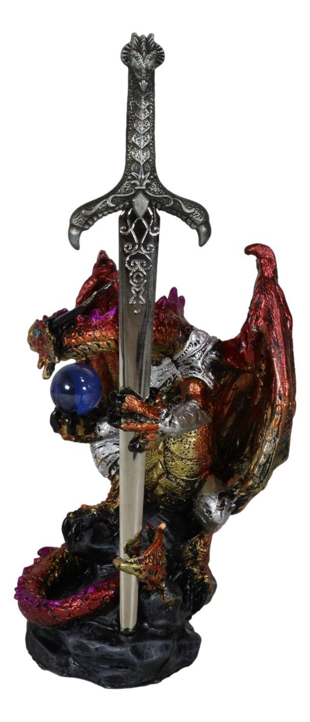 Ebros Gift Red Metallic Fire Knight Dragon With Orb And Gothic Sword Letter Opener Figurine