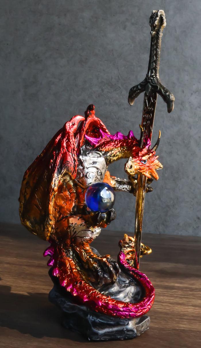ebros gift Red Metallic Fire Knight Dragon With Orb and Gothic Sword Letter Opener Figurine