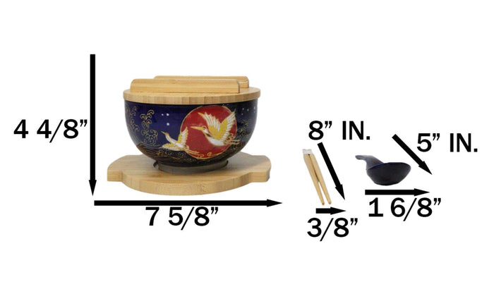 Ebros Gift Red Moon Golden Crane Donburi Ramen Bowl With Lid Trivet Spoon Chopsticks Set