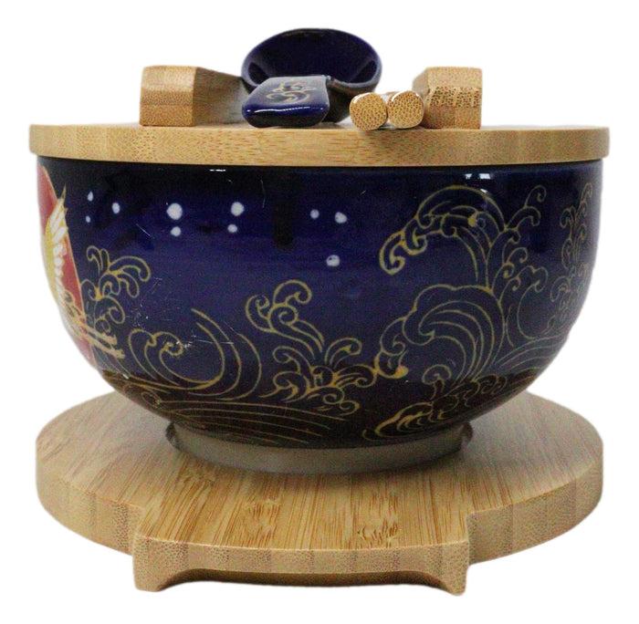 Ebros Gift Red Moon Golden Crane Donburi Ramen Bowl With Lid Trivet Spoon Chopsticks Set