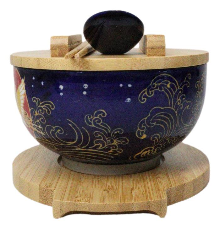 Ebros Gift Red Moon Golden Crane Donburi Ramen Bowl With Lid Trivet Spoon Chopsticks Set