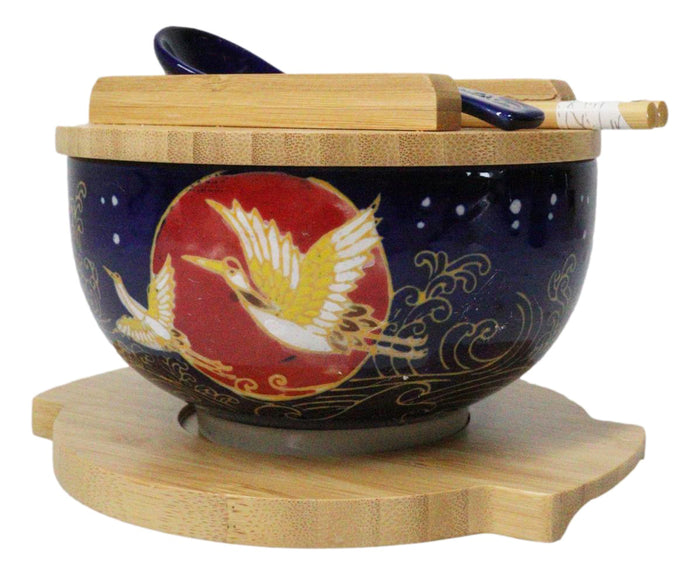 ebros gift Red Moon Golden Crane Donburi Ramen Bowl With Lid Trivet Spoon Chopsticks Set