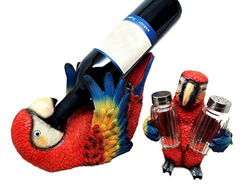 ebros gift Red Scarlet Macaw Parrot Wine Bottle And Salt Pepper Shakers Holder Figurine Set