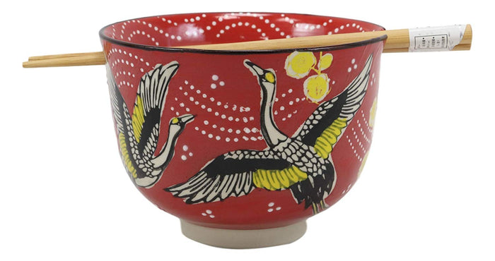 Ebros Gift Red Sky Flying Crane Bird Ramen Noodles 5"D Soup Rice Bowl With Chopsticks Set