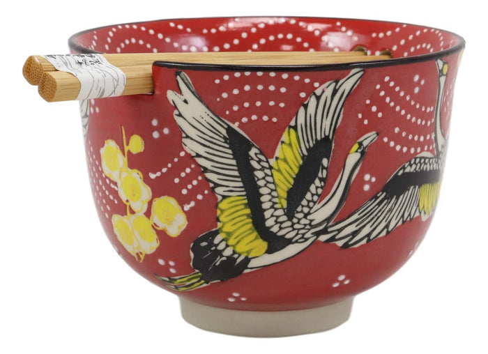 Ebros Gift Red Sky Flying Crane Bird Ramen Noodles 5"D Soup Rice Bowl With Chopsticks Set
