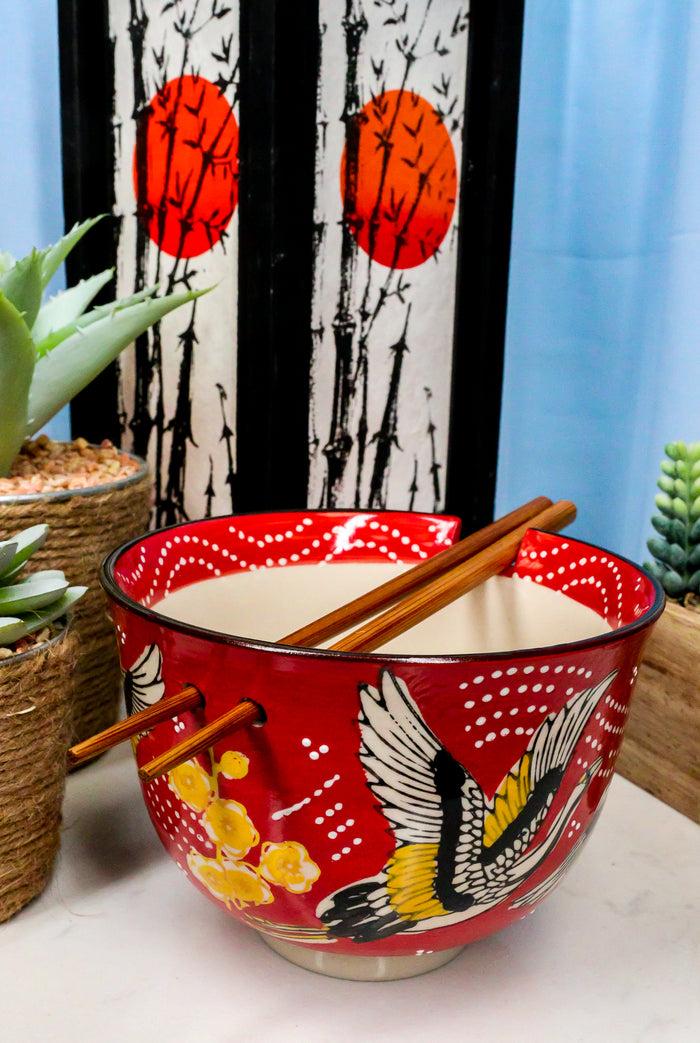 Ebros Gift Red Sky Flying Crane Bird Ramen Noodles 5"D Soup Rice Bowl With Chopsticks Set