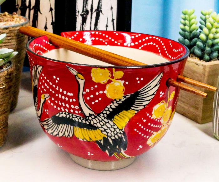 ebros gift Red Sky Flying Crane Bird Ramen Noodles 5"D Soup Rice Bowl With Chopsticks Set
