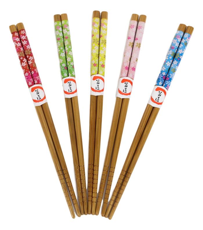 Ebros Gift Reusable Bamboo Colorful Cherry Blossoms Set Of 5 Ridged Ends Chopsticks Pairs