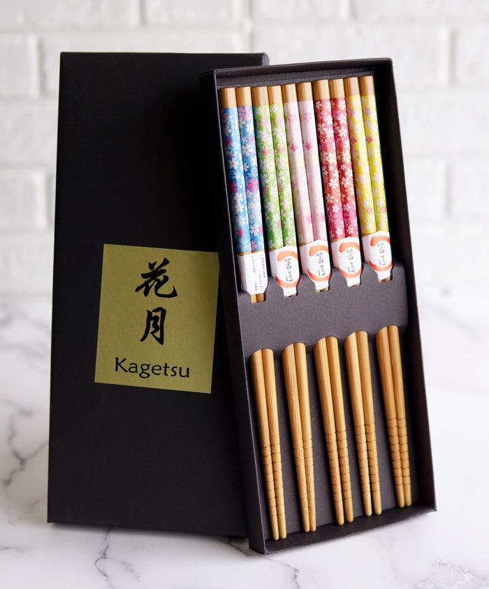 ebros gift Reusable Bamboo Colorful Cherry Blossoms Set of 5 Ridged Ends Chopsticks Pairs