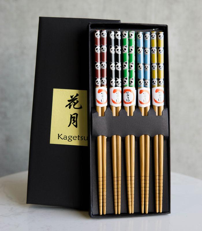 ebros gift Reusable Bamboo Colorful Giant Panda Bears Set of 5 Ridged Ends Chopsticks Pairs