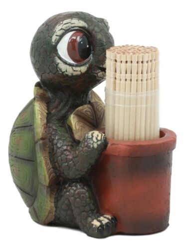 Ebros Gift River Baby Tortoise Holding A Bucket Toothpick Holder Figurine With Toothpicks