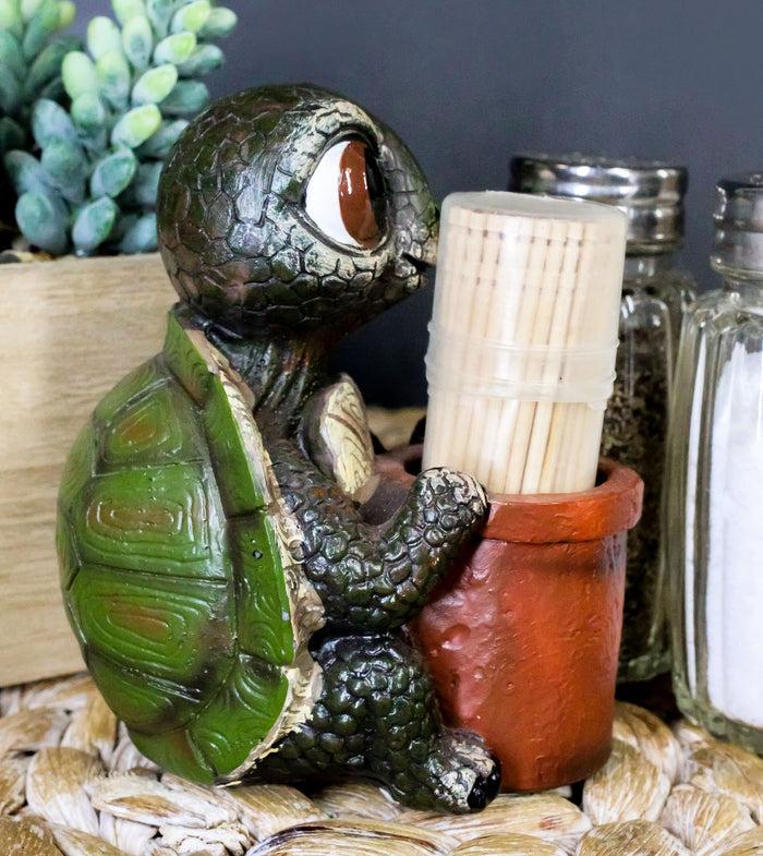 ebros gift River Baby Tortoise Holding A Bucket Toothpick Holder Figurine With Toothpicks