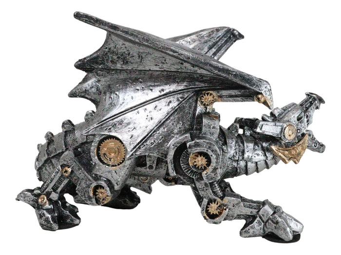Ebros Gift Roaring Steampunk Silver Robotic Cyborg Winged Geared Clockwork Dragon Figurine