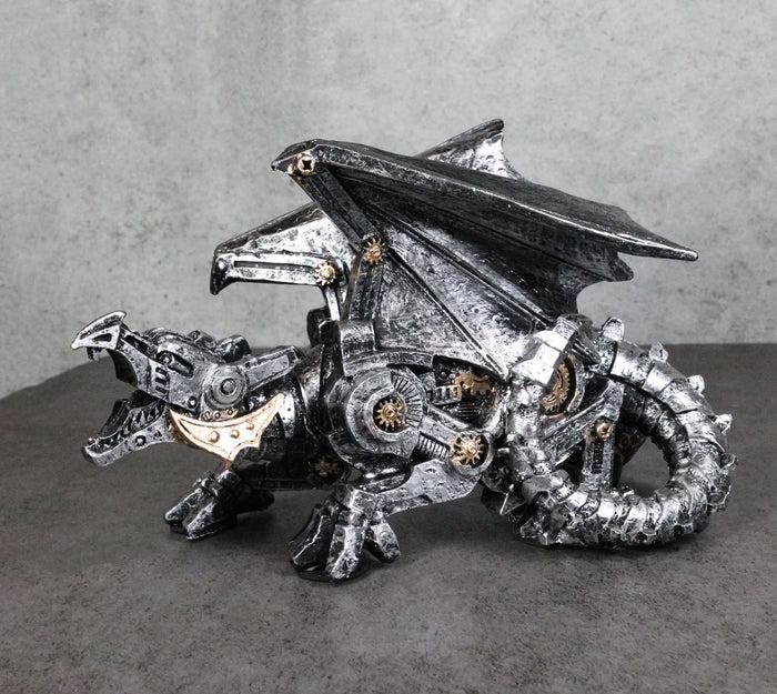 ebros gift Roaring Steampunk Silver Robotic Cyborg Winged Geared Clockwork Dragon Figurine