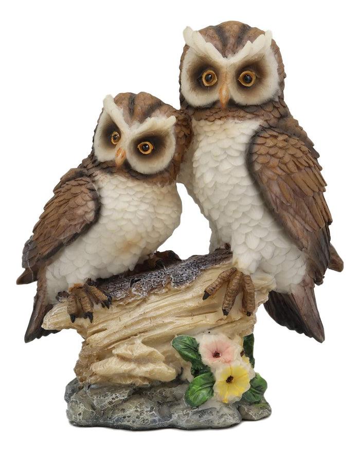 Ebros Gift Romantic 2 Great Horned Owl Couple On Tree Stump Statue 6.25"H Valentines Owls