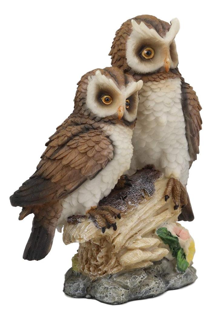 Ebros Gift Romantic 2 Great Horned Owl Couple On Tree Stump Statue 6.25"H Valentines Owls