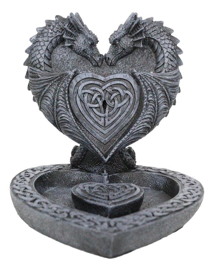 Ebros Gift Romantic Double Dragon Heart With Celtic Knotwork Backflow Cone Incense Holder