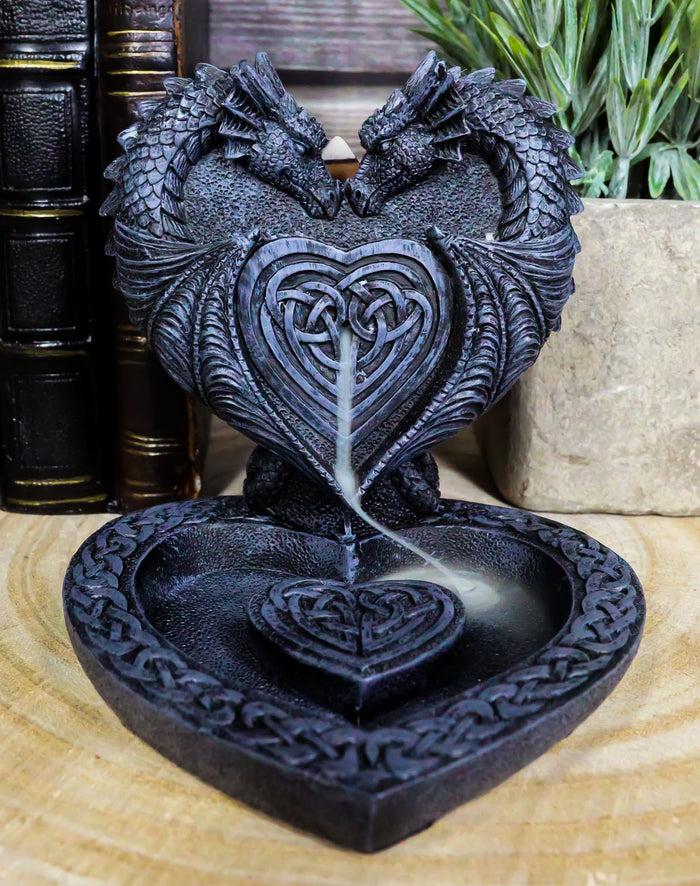 ebros gift Romantic Double Dragon Heart With Celtic Knotwork Backflow Cone Incense Holder
