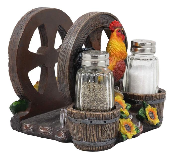 Ebros Gift Rooster Chicken By Farm Barrels Wagon Wheels Napkin & Salt Pepper Shakers Holder