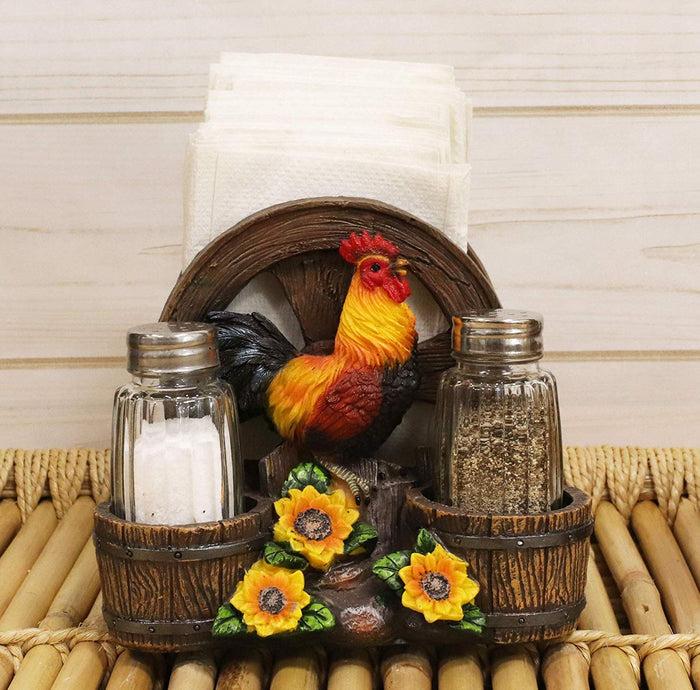 ebros gift Rooster Chicken By Farm Barrels Wagon Wheels Napkin & Salt Pepper Shakers Holder