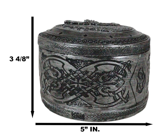 Ebros Gift Round Celtic Dragon Vault Spirit Rune Knotwork Silver Decorative Jewelry Box