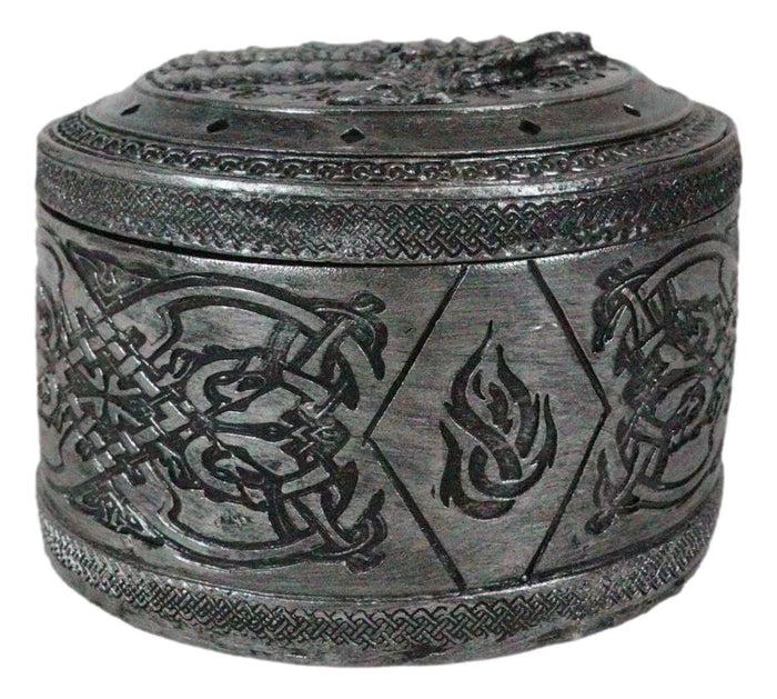 Ebros Gift Round Celtic Dragon Vault Spirit Rune Knotwork Silver Decorative Jewelry Box