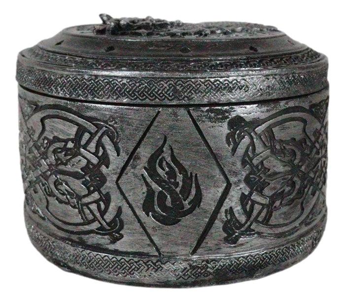 Ebros Gift Round Celtic Dragon Vault Spirit Rune Knotwork Silver Decorative Jewelry Box