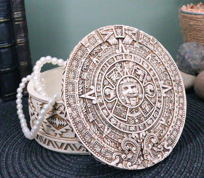 ebros gift Round Mesoamerican Maya Aztec Jewelry Box Figurine 5"D Solar Calendar Sun God