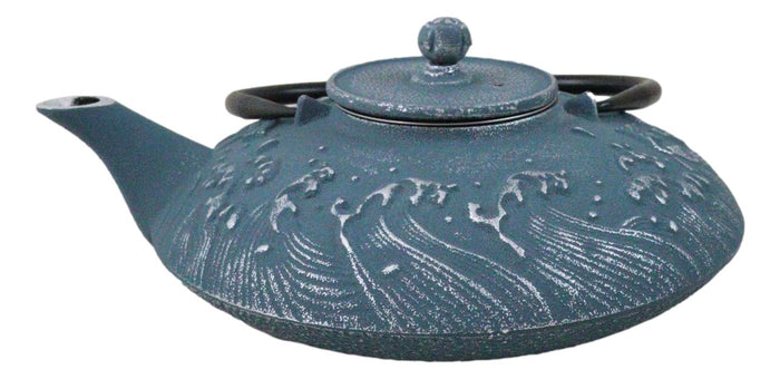 Ebros Gift Royal Blue Ocean Sea Waves Cast Iron Tetsubin Teapot With Enamel Liner