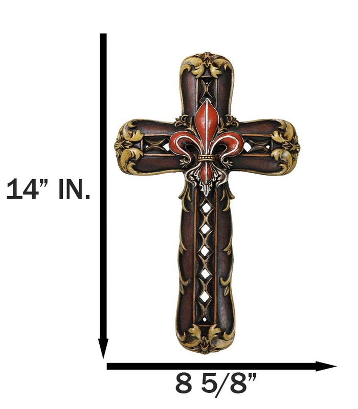 Ebros Gift Royal Florentian Rococo Fleur De Lis Classic Faux Wooden Rustic Wall Cross