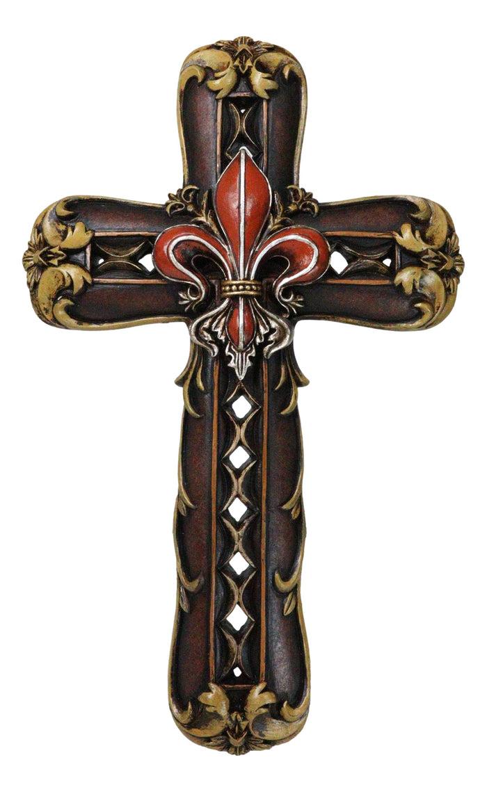 ebros gift Royal Florentian Rococo Fleur De Lis Classic Faux Wooden Rustic Wall Cross